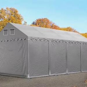 Professzionális raktársátor  tárolósátor 4 × 8 m, 32 m² alapterülettel, 2,60 m oldalmagassággal, megerősített, horganyzott acélszerkezettel, cipzáras bejáratokkal fehér PVC ponyvával