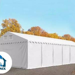 Professzionális raktársátor tárolósátor 5 × 12 m, 60 m² alapterülettel, 2,60 m oldalmagassággal horganyzott acélszerkezettel, padlókerettel, két cipzáras bejárattal és fehér, lángálló PVC ponyvával
