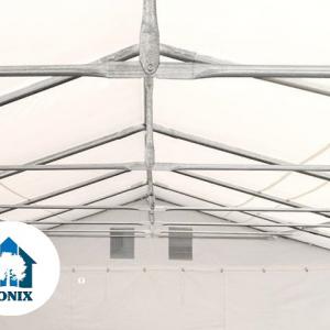 Professzionális raktársátor tárolósátor 5 × 12 m, 60 m² alapterülettel, 2,60 m oldalmagassággal horganyzott acélszerkezettel, padlókerettel, két cipzáras bejárattal és fehér, lángálló PVC ponyvával