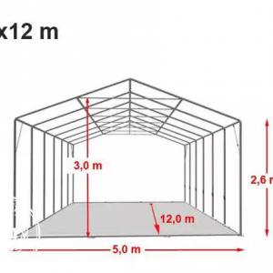 Professzionális raktársátor tárolósátor 5 × 12 m, 60 m² alapterülettel, 2,60 m oldalmagassággal horganyzott acélszerkezettel, padlókerettel, két cipzáras bejárattal és fehér, lángálló PVC ponyvával