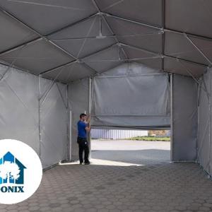 Professzionális raktársátor tárolósátor 5x10 m oldalmagasság 3,60m felhúzható kapuval, ponyva PVC  szürke