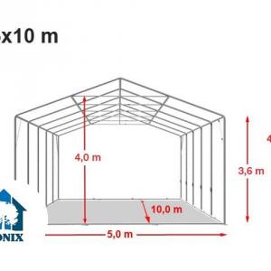 Professzionális raktársátor tárolósátor 5x10 m oldalmagasság 3,60m felhúzható kapuval, ponyva PVC  szürke