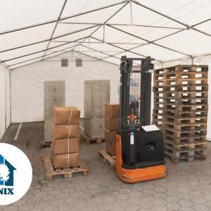 Professzionális raktársátor tárolósátor 6 × 16 m, 96 m² alapterülettel, 2,60 m oldalmagassággal, megerősített, horganyzott acélszerkezettel, stabil padlókerettel, két cipzáras bejárattal PVC ponyvával