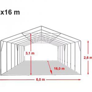 Professzionális raktársátor tárolósátor 6 × 16 m, 96 m² alapterülettel, 2,60 m oldalmagassággal, megerősített, horganyzott acélszerkezettel, stabil padlókerettel, két cipzáras bejárattal PVC ponyvával