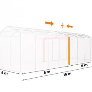 Professzionális raktársátor tárolósátor 6 × 16 m, 96 m² alapterülettel, 2,60 m oldalmagassággal, megerősített, horganyzott acélszerkezettel, stabil padlókerettel, két cipzáras bejárattal PVC ponyvával