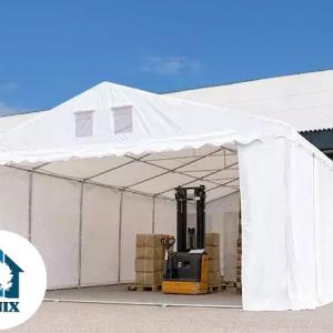 Professzionális raktársátor, tárolósátor  6x16 m ponyva tűzálló PVC 550 g/m² oldalmagasság 2,6 m fehér padlókerettel, erősített szerkezettel fehér