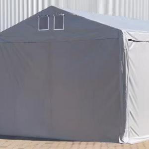 Professzionális raktársátor tárolósátor 8x10 m oldalmagasság 3,60m felhúzható kapuval, ponyva PVC  szürke statikai csomaggal