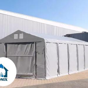 Professzionális raktársátor, tárolósátor 8x12 m oldalmagasság 3,00m felhúzható kapuval ponyva PVC szürke