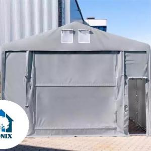 Professzionális raktársátor, tárolósátor 8x12 m oldalmagasság 3,00m felhúzható kapuval ponyva PVC szürke