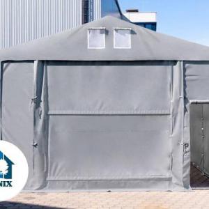 Professzionális  raktársátor, tárolósátor 8x16 m,  oldalmagasság 4,0m, felhúzható kapuval PVC 550g/m2 szürke
