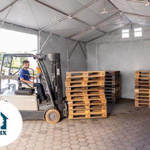 Professzionális  raktársátor, tárolósátor 8x16 m,  oldalmagasság 4,0m, felhúzható kapuval PVC 550g/m2 szürke