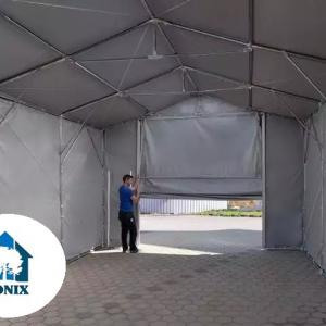 Professzionális raktársátor, tárolósátor 8x24m oldalmagasság 4,0 m felhúzható kapuval ponyva PVC 550g/m2 szürke