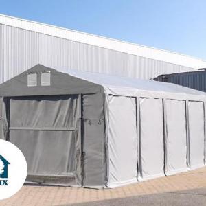 Professzionális raktársátor, tárolósátor 8x8 m  oldalmagasság 3,00m  felhúzható kapuval ponyva PVC szürke