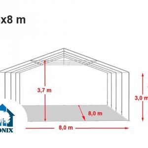 Professzionális raktársátor, tárolósátor 8x8 m  oldalmagasság 3,00m  felhúzható kapuval ponyva PVC szürke