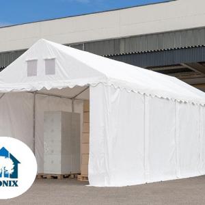 Professzionális raktársátor, tárolósátor ipari sátor 3 × 12 m, 36 m² alapterülettel, 2,60 m oldalmagasság horganyzott acélszerkezettel,  padlókerettel, két cipzáras bejárattal fehér PVC ponyvával