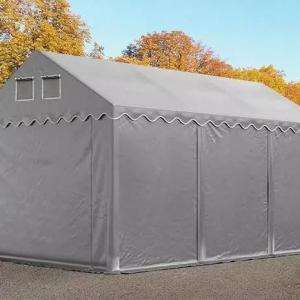 Professzionális raktársátor, tárolósátor ipari sátor 4 × 6 m, 24 m² alapterülettel, 2,60 m oldalmagassággal, horganyzott acélszerkezettel, stabil padlókerettel, két cipzáras bejárattal PVC ponyvával