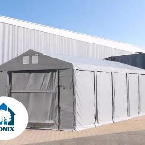Professzionális raktársátor, tárolósátor, ipari sátor 4x8m oldalmagasság 3,00m felhúzható kapuval  ponyva PVC  szürke