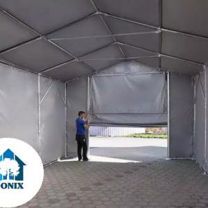 Professzionális raktársátor, tárolósátor, ipari sátor 4x8m oldalmagasság 3,00m felhúzható kapuval  ponyva PVC  szürke