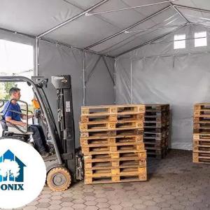 Professzionális raktársátor, tárolósátor ipari sátor 6x8m oldalmagasság 3,00m felhúzható kapuval ponyva PVC szürke