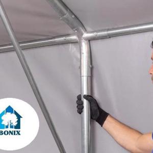 Professzionális raktársátor, tárolósátor ipari sátor 6x8m oldalmagasság 3,00m felhúzható kapuval ponyva PVC szürke