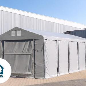 Professzionális raktársátor, tárolósátor  ipari sátor 8 × 12 m, 96 m² alapterülettel, 4,00 m oldalmagassággal, felhúzható kapuval, cipzáras bejárattal, személyi ajtóval, szürke PVC ponyvával