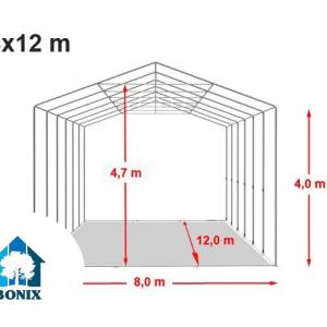 Professzionális raktársátor, tárolósátor  ipari sátor 8 × 12 m, 96 m² alapterülettel, 4,00 m oldalmagassággal, felhúzható kapuval, cipzáras bejárattal, személyi ajtóval, szürke PVC ponyvával
