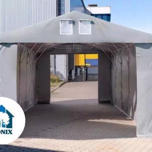 Professzionális raktársátor, tárolósátor  ipari sátor 8 × 8 m, 64 m² alapterülettel, 4,00 m oldalmagassággal, két standard cipzáras bejárattal, szürke PVC ponyvával