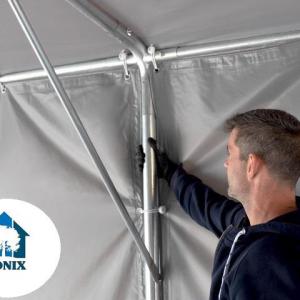 Professzionális raktársátor, tárolósátor  ipari sátor 8 × 8 m, 64 m² alapterülettel, 4,00 m oldalmagassággal, két standard cipzáras bejárattal, szürke PVC ponyvával