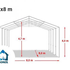 Professzionális raktársátor, tárolósátor  ipari sátor 8 × 8 m, 64 m² alapterülettel, 4,00 m oldalmagassággal, két standard cipzáras bejárattal, szürke PVC ponyvával