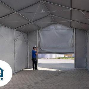 Professzionális  raktársátor, tárolósátor ipari sátor horganyzotta acélvázzal,  8x16 m oldalmagasság 4,00m, felhúzható kapuval ponyva PVC  szürke
