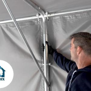 Professzionális raktársátor, tárolósátor iparisátor 8x12 m oldalmagasság 4,00m  felhúzható kapuval ponyva PVC szürke