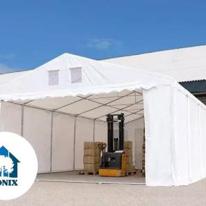 Professzionális raktársátortárolósátor 6 × 6 m, 36 m² alapterülettel, 2,60 m oldalmagassággal, horganyzott acélszerkezettel, stabil padlókerettel, két cipzáras bejárattal fehér PVC ponyvával