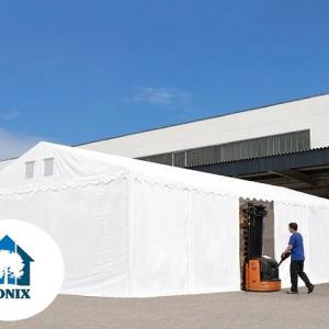 Professzionális raktársátortárolósátor 6 × 6 m, 36 m² alapterülettel, 2,60 m oldalmagassággal, horganyzott acélszerkezettel, stabil padlókerettel, két cipzáras bejárattal fehér PVC ponyvával