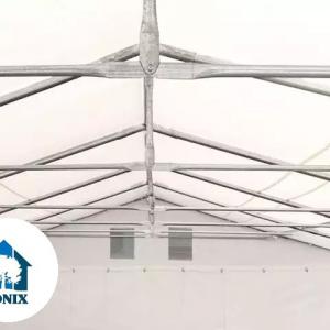 Professzionális raktársátortárolósátor 6 × 6 m, 36 m² alapterülettel, 2,60 m oldalmagassággal, horganyzott acélszerkezettel, stabil padlókerettel, két cipzáras bejárattal fehér PVC ponyvával