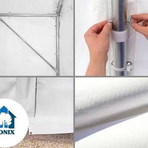 Professzionális raktársátortárolósátor 6 × 6 m, 36 m² alapterülettel, 2,60 m oldalmagassággal, horganyzott acélszerkezettel, stabil padlókerettel, két cipzáras bejárattal fehér PVC ponyvával