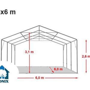 Professzionális raktársátortárolósátor 6 × 6 m, 36 m² alapterülettel, 2,60 m oldalmagassággal, horganyzott acélszerkezettel, stabil padlókerettel, két cipzáras bejárattal fehér PVC ponyvával
