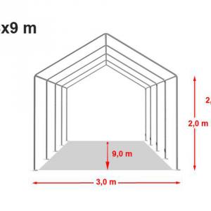 Professzionális rendezvénysátor 3 × 9 m, 27 m², extra erős PVC ponyvával, horganyzott acélszerkezettel, fehér
