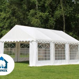 Professzionális rendezvénysátor 3 × 9 m, 27 m², extra erős PVC ponyvával, horganyzott acélszerkezettel, fehér
