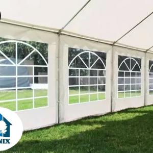 Professzionális rendezvénysátor 6 × 12 m, lángálló PVC ponyvával, megerősített horganyzott acélvázzal, 72 m², fehér