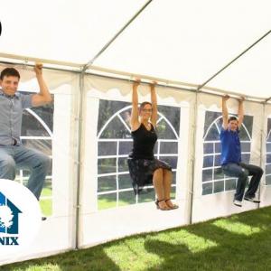 Professzionális rendezvénysátor 6 × 12 m, lángálló PVC ponyvával, megerősített horganyzott acélvázzal, 72 m², fehér
