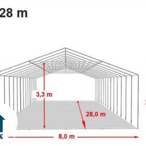 Professzionális rendezvénysátor 8x28 m, lángálló PVC ponyva, 2,6 m oldalmagasság, fehér