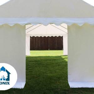 Professzionális rendezvénysátor, partisátor 3 × 3 m – 9 m², fehér, 100%-ban vízálló, erősített PVC ponyvával és extra stabil, teljesen horganyzott acélszerkezettel