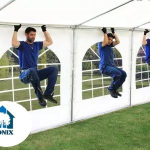 Professzionális rendezvénysátor, partisátor 3 × 6 m, 18 m², PVC ponyvával, megerősített horganyzott acélszerkezettel, stabil padlókerettel és megerősített tetőszerkezettel