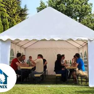 Professzionális rendezvénysátor, partisátor 4 × 6 m, 24 m², fehér PVC ponyvával, megerősített horganyzott acélszerkezettel, stabil padlókerettel és megerősített tetőszerkezettel