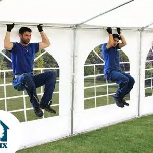 Professzionális rendezvénysátor, partisátor 4 × 6 m, 24 m², fehér PVC ponyvával, megerősített horganyzott acélszerkezettel, stabil padlókerettel és megerősített tetőszerkezettel