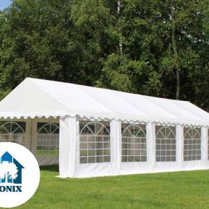 Professzionális rendezvénysátor, partisátor 4 × 8 m, 32 m², extra erős fehér PVC ponyvával és horganyzott acélszerkezettel