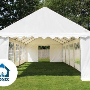 Professzionális rendezvénysátor, partisátor 4 × 8 m, 32 m², extra erős fehér PVC ponyvával és horganyzott acélszerkezettel
