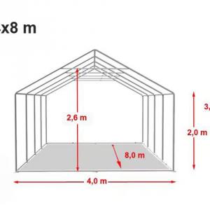 Professzionális rendezvénysátor, partisátor 4 × 8 m, 32 m², fehér PVC ponyvával, megerősített horganyzott acélszerkezettel, stabil padlókerettel és megerősített tetőszerkezettel