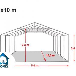 Professzionális rendezvénysátor, partisátor 5 × 10 m, 50 m², lángálló PVC ponyvával, teljesen horganyzott megerősített acélszerkezettel, extra tetőmerevítéssel és stabil padlókerettel