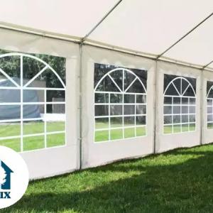 Professzionális rendezvénysátor, partisátor 5 × 12 m, 60 m², extra erős fehér PVC ponyvával, teljesen horganyzott acélszerkezettel